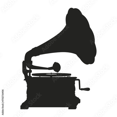 Vintage gramophone silhouette isolated on white background