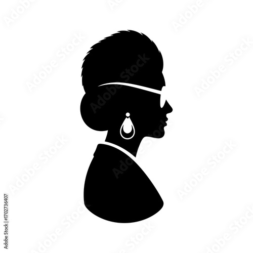 Elegant woman profile silhouette with sunglasses and earring isolated on white background