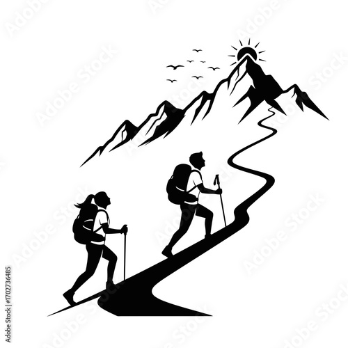 Couple hiking up a mountain path towards the sun silhouette isolated on white background