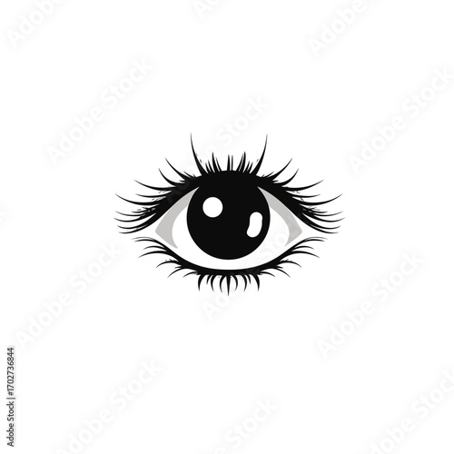 Close up of a stylized human eye with long eyelashes and a black pupil silhouette