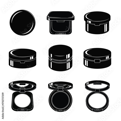 Beauty and makeup concept with a set of black cosmetic container icons on a white background.