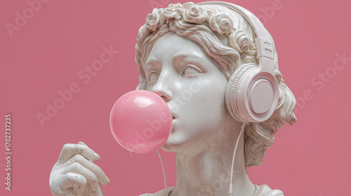 Classical marble statue wearing headphones and blowing a pink bubblegum on pastel background.
