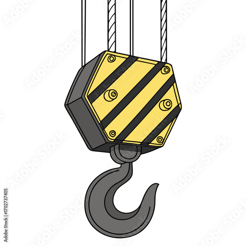 Illustration of a crane hook industrial lifting equipment with cables and yellow hazard stripes design