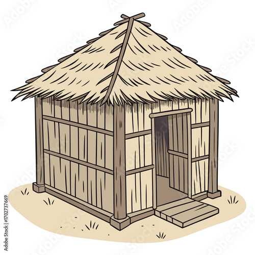 Cartoon hut with thatched roof inviting you to a relaxing retreat in a tropical setting