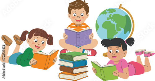 Children Enjoying Books Reading, Learning, and Exploring Knowledge with Friends and Fun Activities