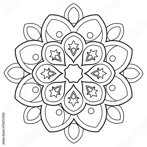 Simple Symmetrical Mandala Line Art with Floral Design for Coloring and Relaxation