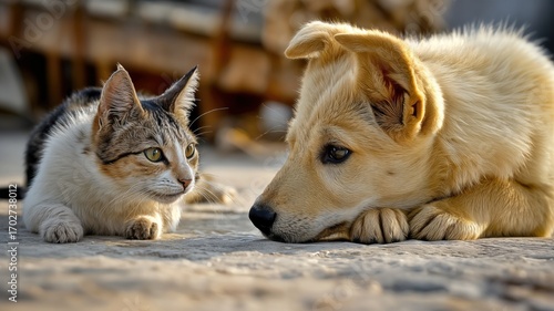 Un gato y un cachorro se miran fijamente en un patio soleado.