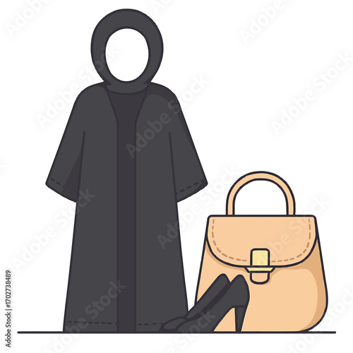 Elegant Islamic Fashion Abaya, Handbag, and High Heels Outfit Illustration