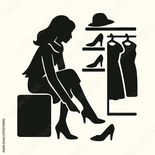 Silhouette of a woman trying on shoes in a retail store with apparel. 