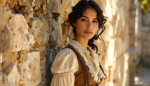 Captivating portrait of a beautiful woman with vintage attire and stone wall
