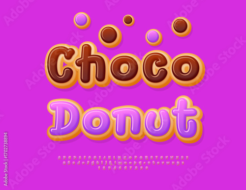 Vector Festive label Choco Donut. Sweet Glazed Font. Tasty set of Alphabet Letters and Numbers
