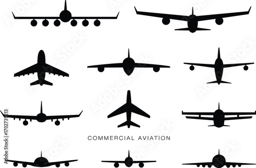Commercial Airplane Silhouettes Vector Set – Passenger Jet Front Views, Aviation Design, Airline Travel, Transportation Icon, Aircraft Engineering Illustration Elements