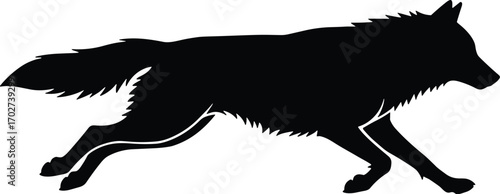 Minimal vector silhouette, running wolf mid-stride tail streaming, side profile, solid black