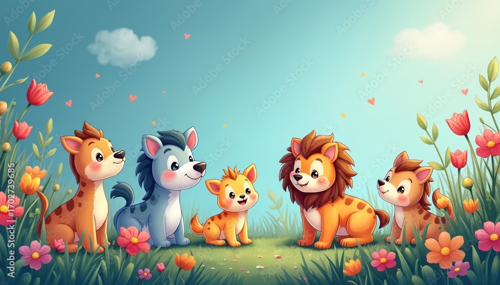 Naklejka premium Delightful cartoon illustration featuring adorable baby animals among flowers. Charming design with joyful childish animals on light blue background. Sweet hyenas, wolf, lion cubs on grass with