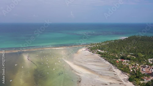 Wonderful aerial view of Praia dos Carneiros beach with stunning landscape with sand banks, palm trees, boats and turquoise waters near Recife, Pernambuco State, Brazil 