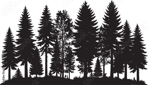 Dense pine tree silhouette, evergreen forest vector, black fir woodland shape, winter nature background, outdoor conifer tree clipart, landscape illustration