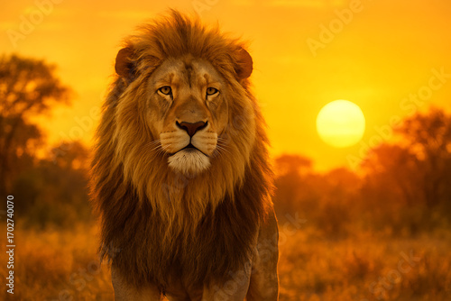 a magnificent male lion with a powerful presence stands majestically against a stunning and vibrant african sunset