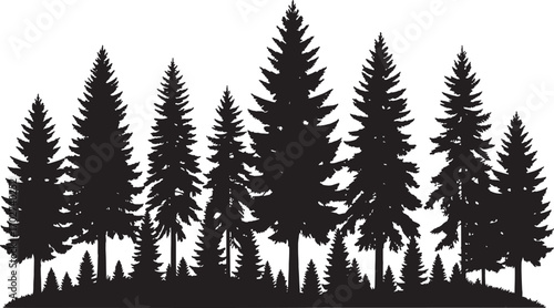 Dense pine tree silhouette, evergreen forest vector, black fir woodland shape, winter nature background, outdoor conifer tree clipart, landscape illustration