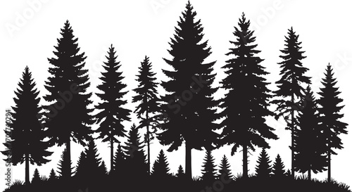 Dense pine tree silhouette, evergreen forest vector, black fir woodland shape, winter nature background, outdoor conifer tree clipart, landscape illustration