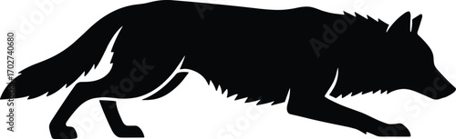 Minimal vector silhouette, stalking wolf crouched low elongated body, side profile, solid black