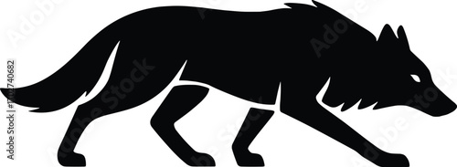 Minimal vector silhouette, stalking wolf crouched low elongated body, side profile, solid black