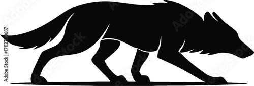 Minimal vector silhouette, stalking wolf crouched low elongated body, side profile, solid black