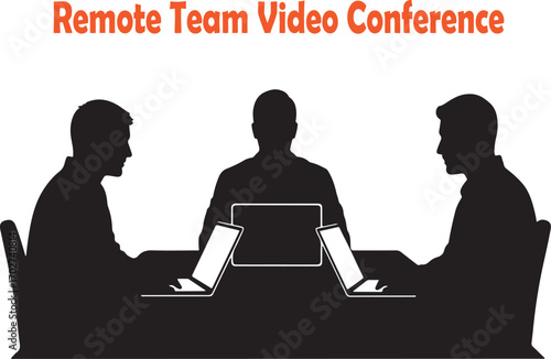 Remote team video conference with three people using laptops at a table meeting