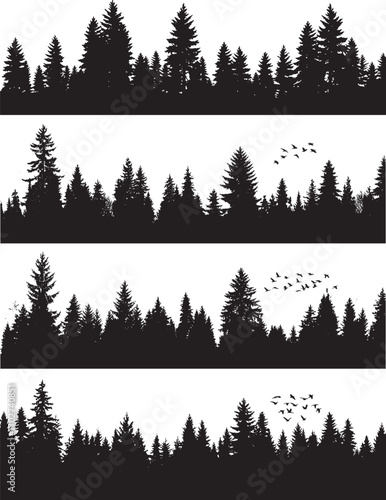 A dense silhouette of evergreen trees creates a natural forest landscape seamlessly