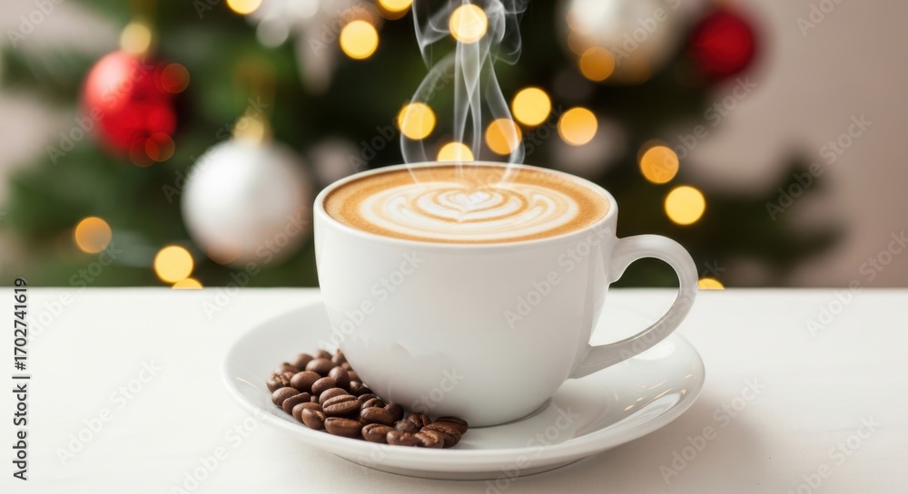 Fototapeta premium Warm Coffee Cup With Latte Art And Coffee Beans Beside Christmas Tree Lights