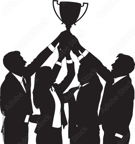 Silhouette of diverse business team holding up a trophy in celebration of success