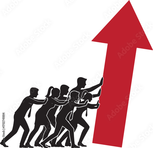 Silhouetted business people pushing a large red arrow upwards symbolizing growth and success