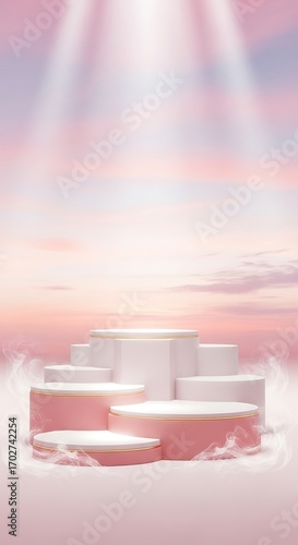 Elegant, tiered display platform in soft pink and white tones, illuminated by dramatic spotlights, creating a dreamy, product presentation backdrop.