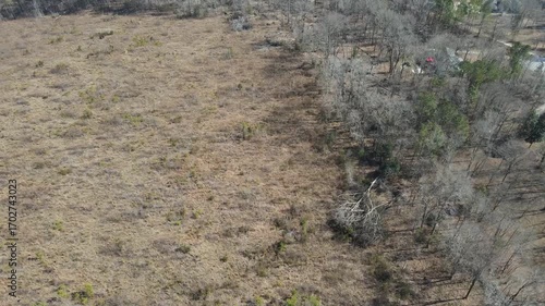 Aerial top down rural neighborhood winter after Hurricane Helene damage Appling Augusta Georgia