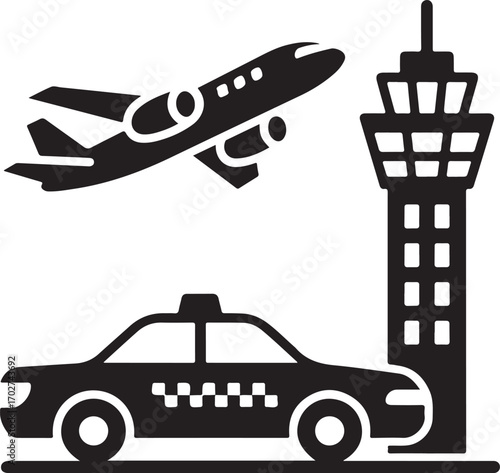 Black airplane ascending near airport control tower and taxi car aircraft takeoff