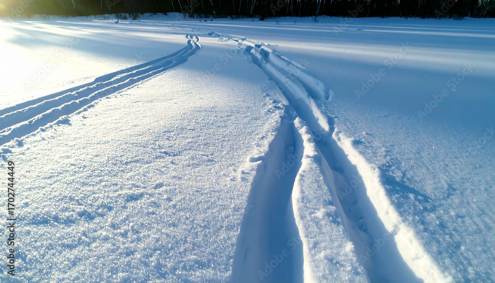 Obraz premium Snowmobile Track Pattern Texture in Snow Macro. Winter concept. Generated Image.
