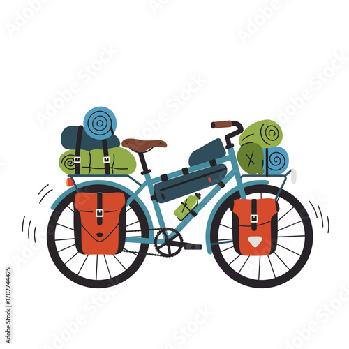 Bikepacking Adventure Bicycle Illustration. Fully Equipped Bike for Cycle Touring, Outdoor Travel, and Sustainable Journeys. Explore the World.