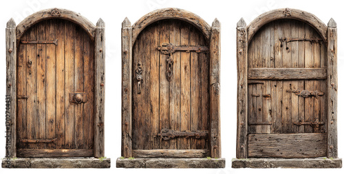 Three weathered, antique wooden doors with arched tops