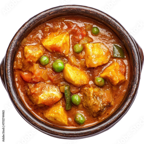 Food curry meal stew, A steaming bowl of curry stew filled with colorful vegetables and aromatic spices, placed on a rustic table, isolated on transparent background