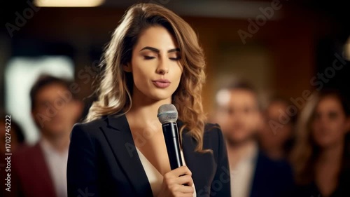 Woman speaks confidently at a business networking event in an indoor venue with a diverse audience listening attentively