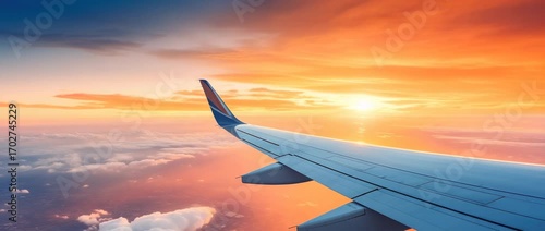 Sunset view from an airplane wing over clouds during evening flight