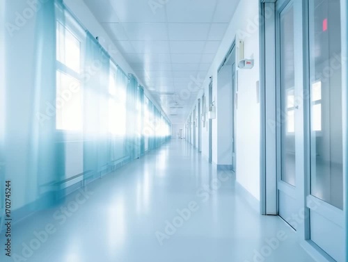 Clean hospital corridor with bright lighting and soft blue curtains creating a calming atmosphere for patients and staff