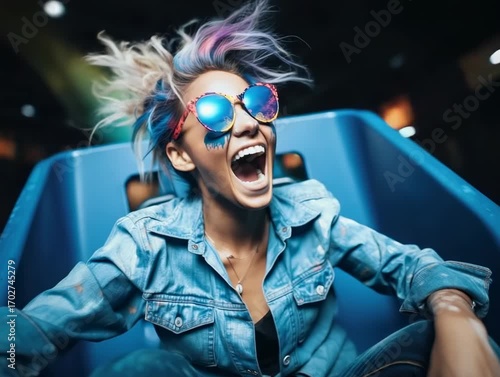 Excitement at amusement park slide with vibrant hair and sunglasses capturing the joy of adventure