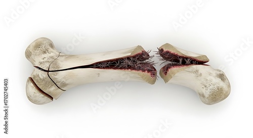 A fractured long bone displays internal structure and damage.