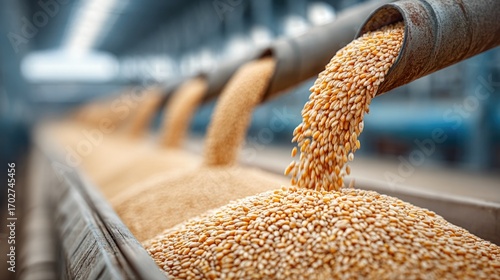 Corn grain flowing in factory