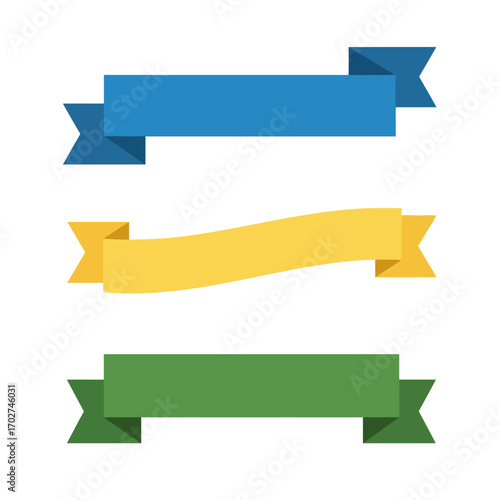 A collection of three colorful ribbon banners in blue, yellow, and green, presented in a flat design style on a white background.