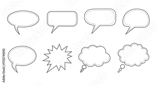 A collection of eight different black and white, hand-drawn comic book style speech and thought bubbles on a plain background.