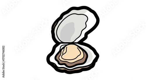 Illustration of an open oyster shell with a pearl inside, black outline.