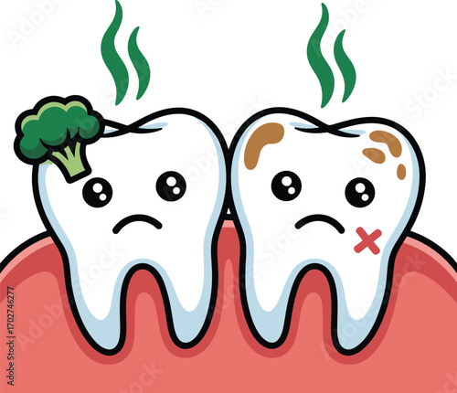 Cartoon dirty teeth with bad smell, food stuck, tooth decay, dental hygiene problem, oral care concept, vector illustration