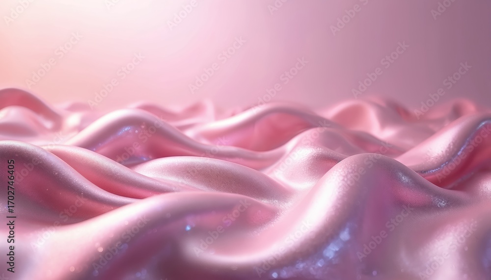 Obraz premium Illustration of softly draped pink fabric with glitter. Satin cloth background, smooth folds, shiny material. Gentle feminine backdrop with flowing, wavy curves. Great for luxury or cosmetic products.