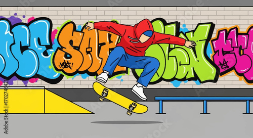 Skateboarder Performs a Trick in Front of Graffiti-Covered Wall at Skatepark